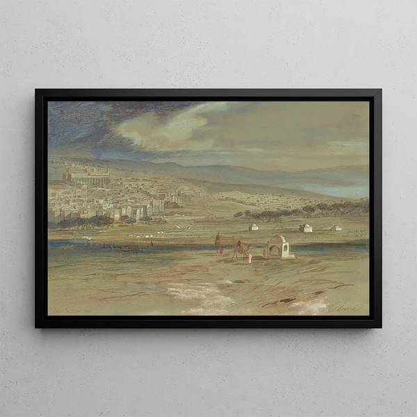 View of the city of Hebron with camels and characters in the foreground - Edward Lear — framed artwork on a wall