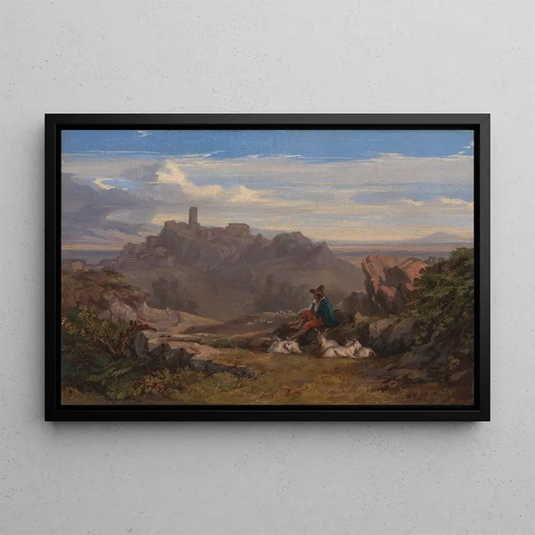 Landscape with goatherd - Edward Lear — framed artwork on a wall