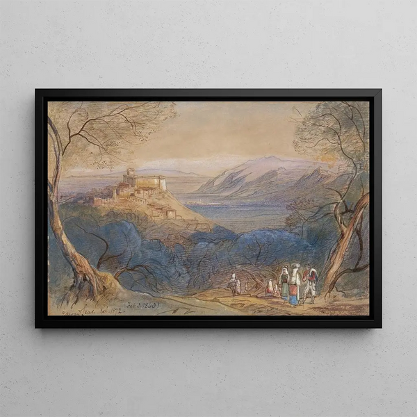 Vue du Castello Caetani et de la ville colline de Sermoneta Lazio Italie - Edward Lear — framed artwork on a wall