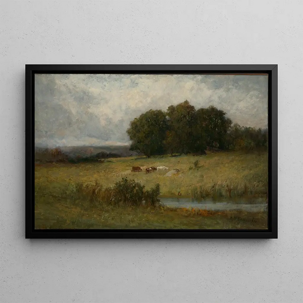 Scene of livestock lighting near a stream - Edward Mitchell Bannister — framed artwork on a wall