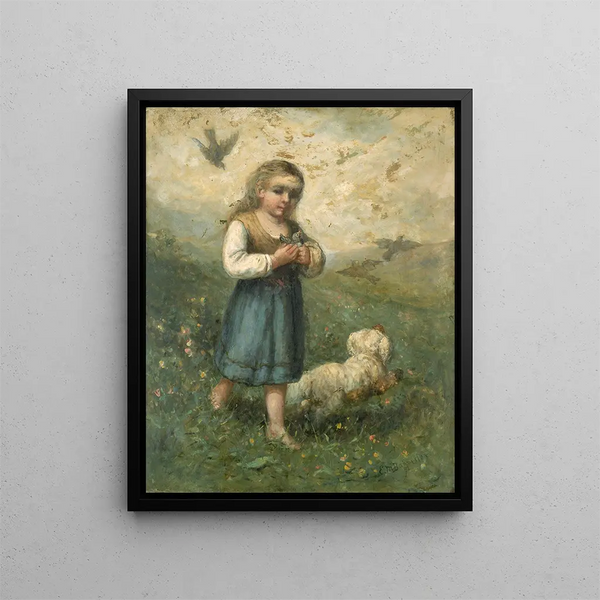 Child with Birds and a Dog - Edward Mitchell Bannister — framed artwork on a wall