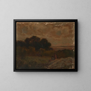 Landscape painting titled without title with two women lying on rocks - Edward Mitchell Bannister — framed artwork on a wall