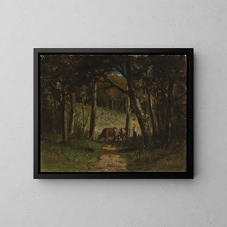 Cows without title on a path in the forest - Edward Mitchell Bannister — framed artwork on a wall