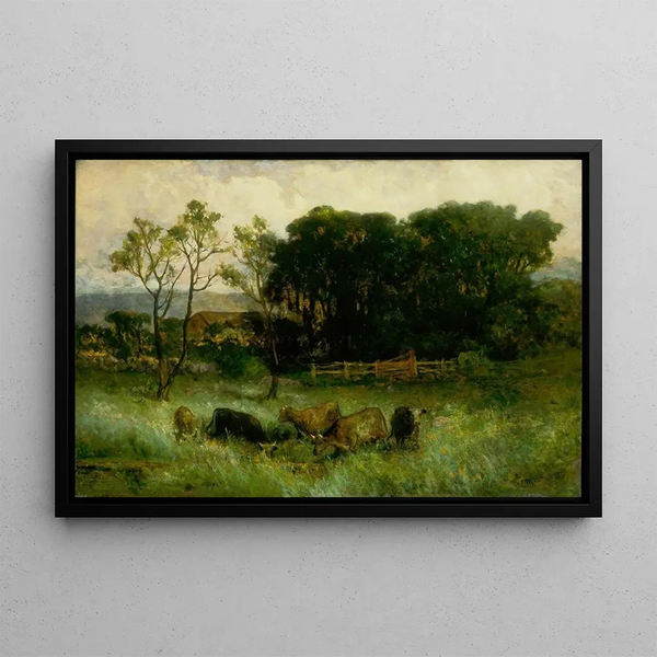 Untitled Five Cows in a Pasture - Edward Mitchell Bannister — framed artwork on a wall