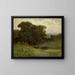 Forest scene painting without title featuring a bridge and cows in the stream in the foreground - Edward Mitchell Bannister — framed artwork on a wall