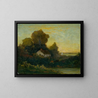 House without title in the woods near the lake - Edward Mitchell Bannister — framed artwork on a wall