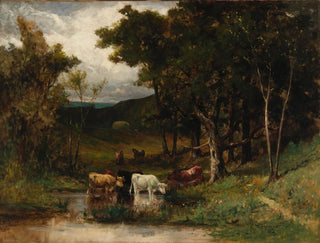 Landscape painting titled "Untitled" with cows in a stream near trees - Edward Mitchell Bannister — artwork view