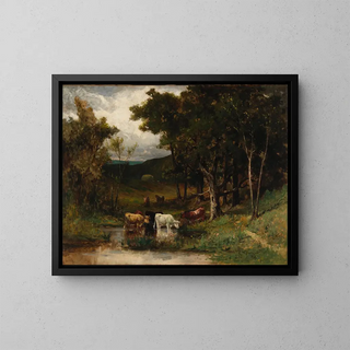 Landscape painting titled "Untitled" with cows in a stream near trees - Edward Mitchell Bannister — framed artwork on a wall