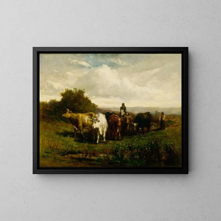 Homme sans titre à cheval, femme à pied conduisant du bétail - Edward Mitchell Bannister — framed artwork on a wall