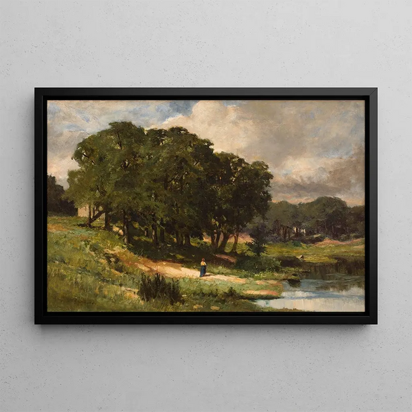 Woman standing near a pond - Edward Mitchell Bannister — framed artwork on a wall