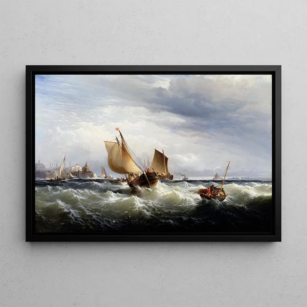 Bateaux de pêche louvoyant au vent - Edward Moran — framed artwork on a wall