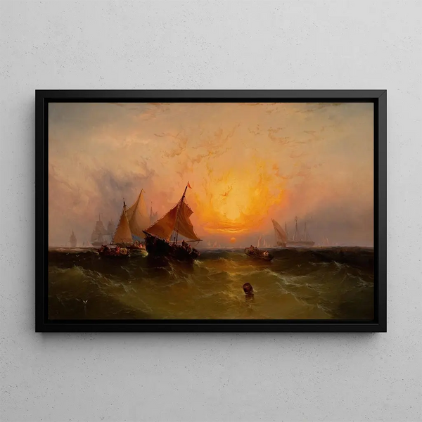 Ships at Sunset in New York Harbor - Edward Moran — framed artwork on a wall