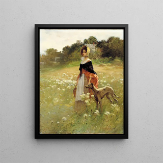 Young Girl and Dog - Edward Percy Moran — framed artwork on a wall