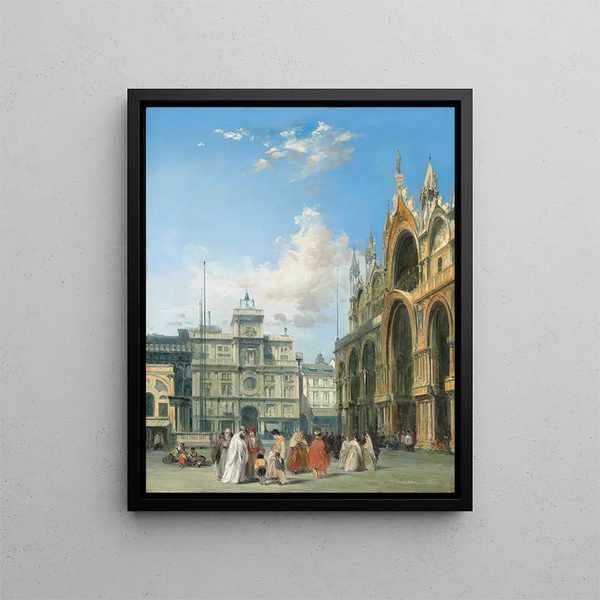 Figures beside the Basilica di San Marco and the Torre dell'Orologio in Venice - Edward Pritchett — framed artwork on a wall