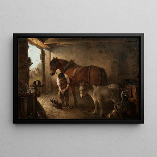 A blacksmith shoeing a draft horse - Edward Robert Smythe — framed artwork on a wall