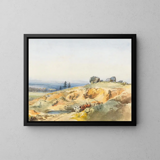 a landscape with a narrow path and a ox cart - Edward Theodore Compton — framed artwork on a wall