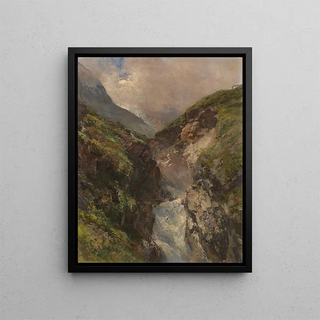 Mountain Gorge with Roaring Waterfall - Edward Theodore Compton — framed artwork on a wall
