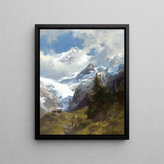 High mountain landscape painting with glacier - Edward Theodore Compton — framed artwork on a wall