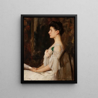 Portrait painting of Edith Wayne, seated woman in profile - Edward Wilbur Dean Hamilton — framed artwork on a wall