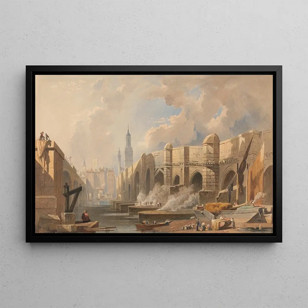 Old and New London Bridge - Edward William Cooke — framed artwork on a wall