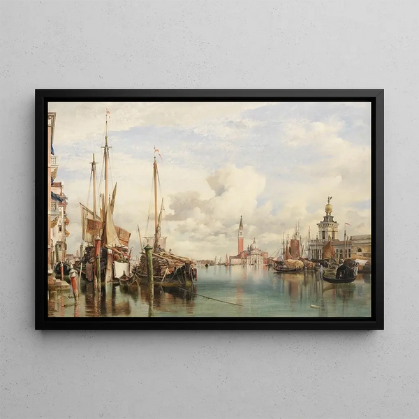 Trabaccoli transporting wood, San Giorgio Maggiore and the Customs House in the distance - Edward William Cooke — framed artwork on a wall