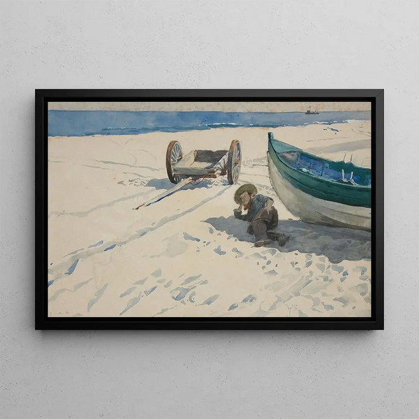 Beach scene with man resting in the shade of a boat - Edwin Austin Abbey — framed artwork on a wall