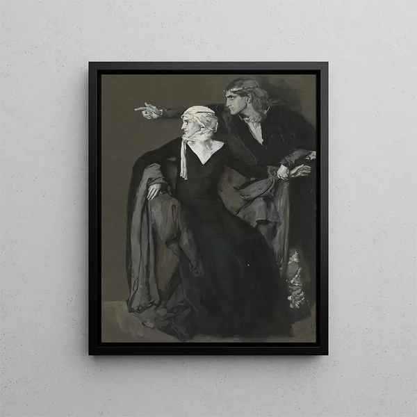 Hamlet painting: Why are you looking there? Look how he escapes through the portal, Act III, Scene IV - Edwin Austin Abbey — framed artwork on a wall