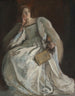 Dame in white sitting, right hand on chin, holding a fan - Edwin Austin Abbey — artwork view