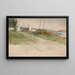 Landscape painting with figure walking along a path, water in the distance - Edwin Austin Abbey — framed artwork on a wall
