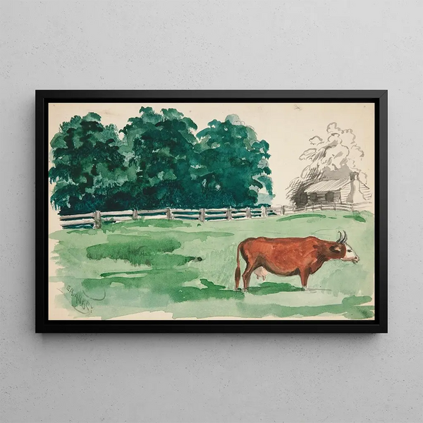 Pastoral scene with cow in the foreground - Edwin Austin Abbey — framed artwork on a wall