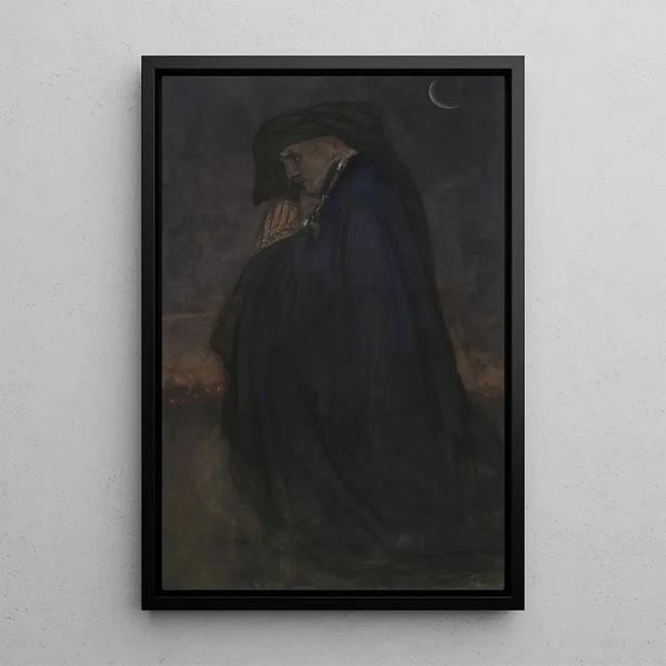 Study of a man in a blue coat in moonlight - Edwin Austin Abbey — framed artwork on a wall