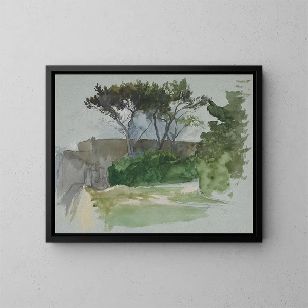 Study of landscape with trees and stone wall - Edwin Austin Abbey — framed artwork on a wall