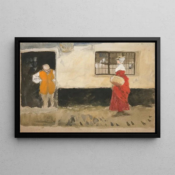 Street scene study painting of a man at the door and a woman in a red dress - Edwin Austin Abbey — framed artwork on a wall
