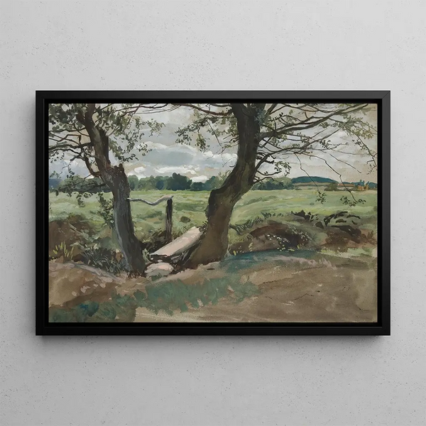 Study of two trees and a field - Edwin Austin Abbey — framed artwork on a wall