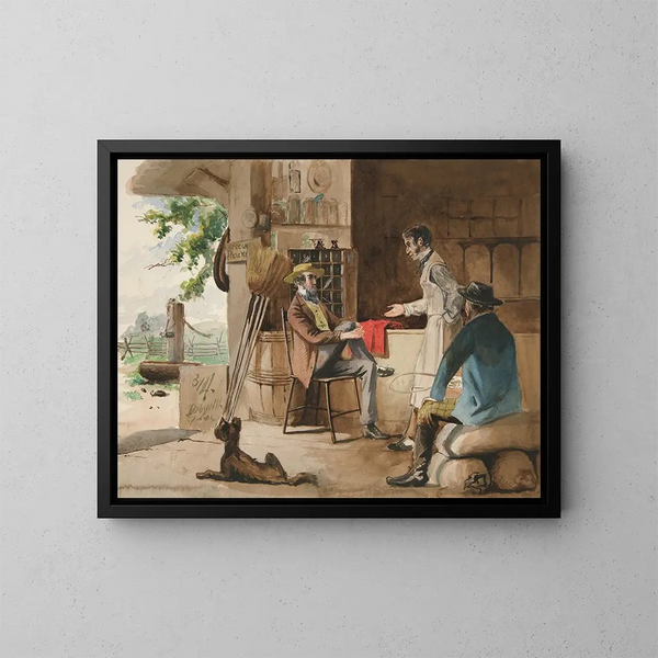 Three men in a dry goods store in Dolbyville - Edwin Austin Abbey — framed artwork on a wall