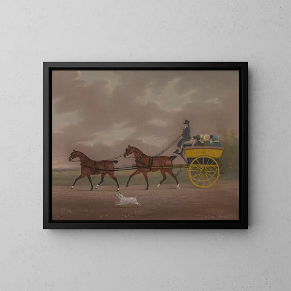 a man riding a tandem towards a pleasure car - Edwin Cooper — framed artwork on a wall