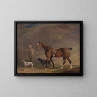 a sportsman with a hunting pony and hunting dogs - Edwin Cooper — framed artwork on a wall