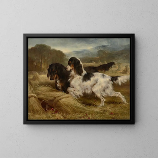 The First of September, an English tricolor and a Gordon setter with a partridge - Edwin Douglas — framed artwork on a wall