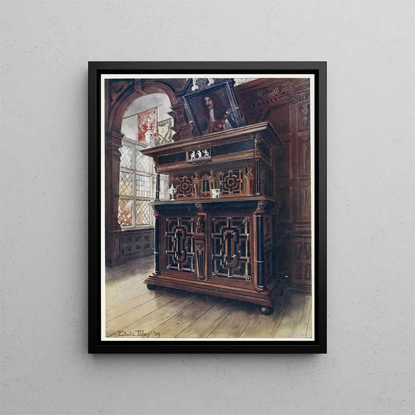 Cabinet painting in oak and walnut with panels and columns in ebony inlaid with rosewood and ivory engraved - Edwin Foley — framed artwork on a wall