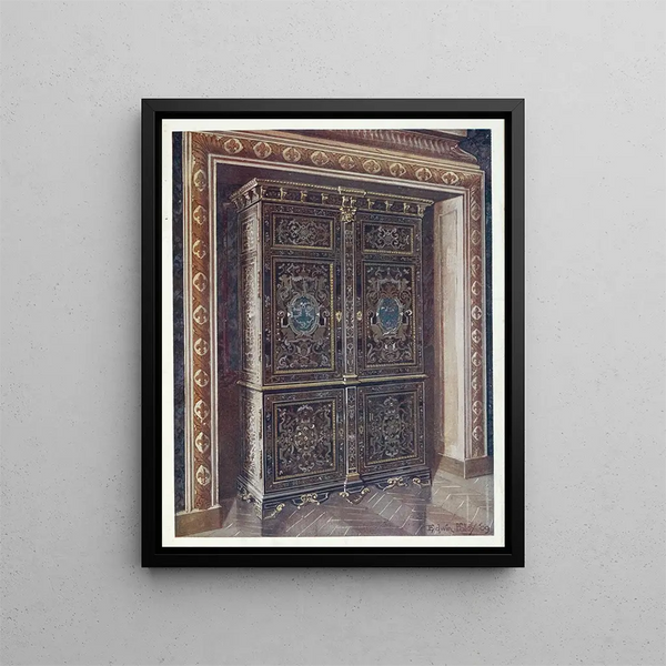 Ebony cabinet painting with engraved brass inlays and white metal - Edwin Foley — framed artwork on a wall
