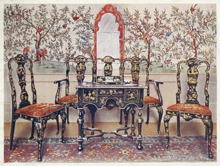 Black lacquer chairs and table with red lacquer mirror - Edwin Foley — artwork view
