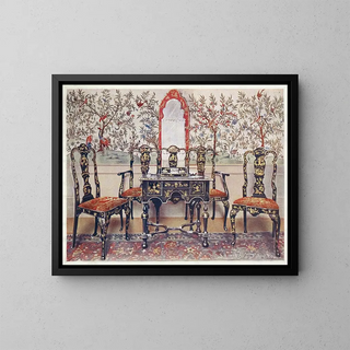 Black lacquer chairs and table with red lacquer mirror - Edwin Foley — framed artwork on a wall