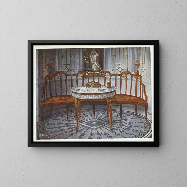 Satin-upholstered armchair with sculpted backrest, painted and gilded table - Edwin Foley — framed artwork on a wall