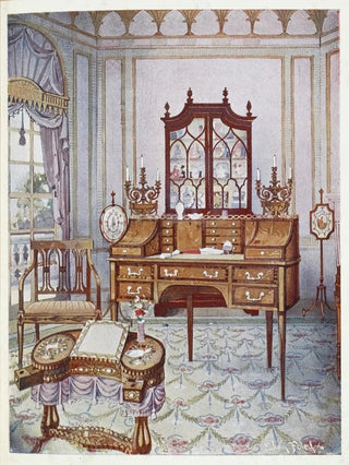 Satin-finish wooden D-shaped drawing and writing table, inlaid mahogany, cylindrical porcelain, and bookshelf - Edwin Foley — artwork view