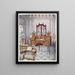 Satin-finish wooden D-shaped drawing and writing table, inlaid mahogany, cylindrical porcelain, and bookshelf - Edwin Foley — framed artwork on a wall