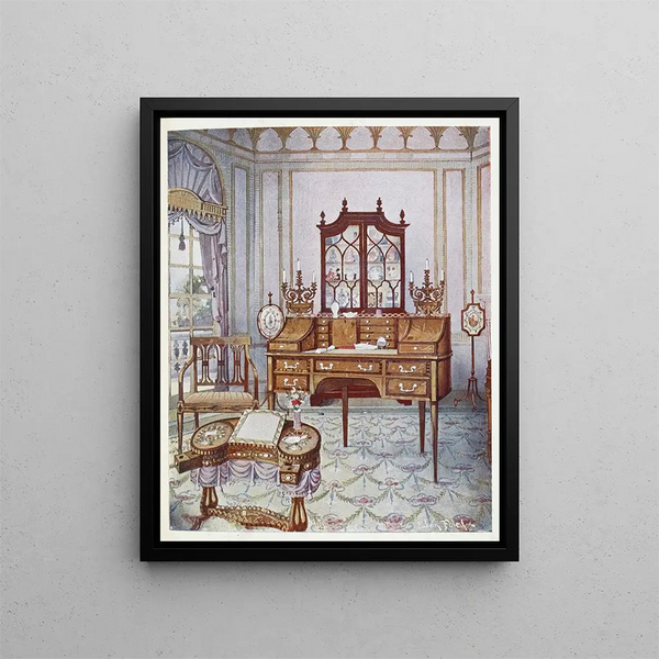 Satin-finish wooden D-shaped drawing and writing table, inlaid mahogany, cylindrical porcelain, and bookshelf - Edwin Foley — framed artwork on a wall