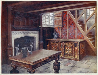 Chest in marquetry, carved drawing table, carved fireplace mantel, oldest English wallpaper - Edwin Foley — artwork view