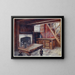 Chest in marquetry, carved drawing table, carved fireplace mantel, oldest English wallpaper - Edwin Foley — framed artwork on a wall