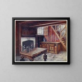 Chest in marquetry, carved drawing table, carved fireplace mantel, oldest English wallpaper - Edwin Foley — framed artwork on a wall