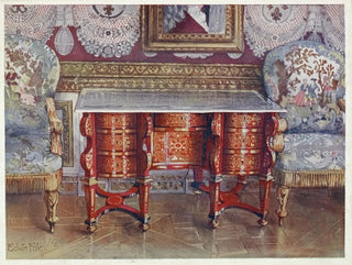 a kneeling desk painting in red tortoiseshell, with a lacquered steel top, gilded Boulle upholstered armchairs in tapestry - Edwin Foley — artwork view